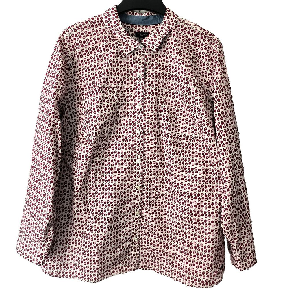 Talbots Top NEW 24W Red White Appple Print Button Up Shirt Roll Tab Sleeves Fall